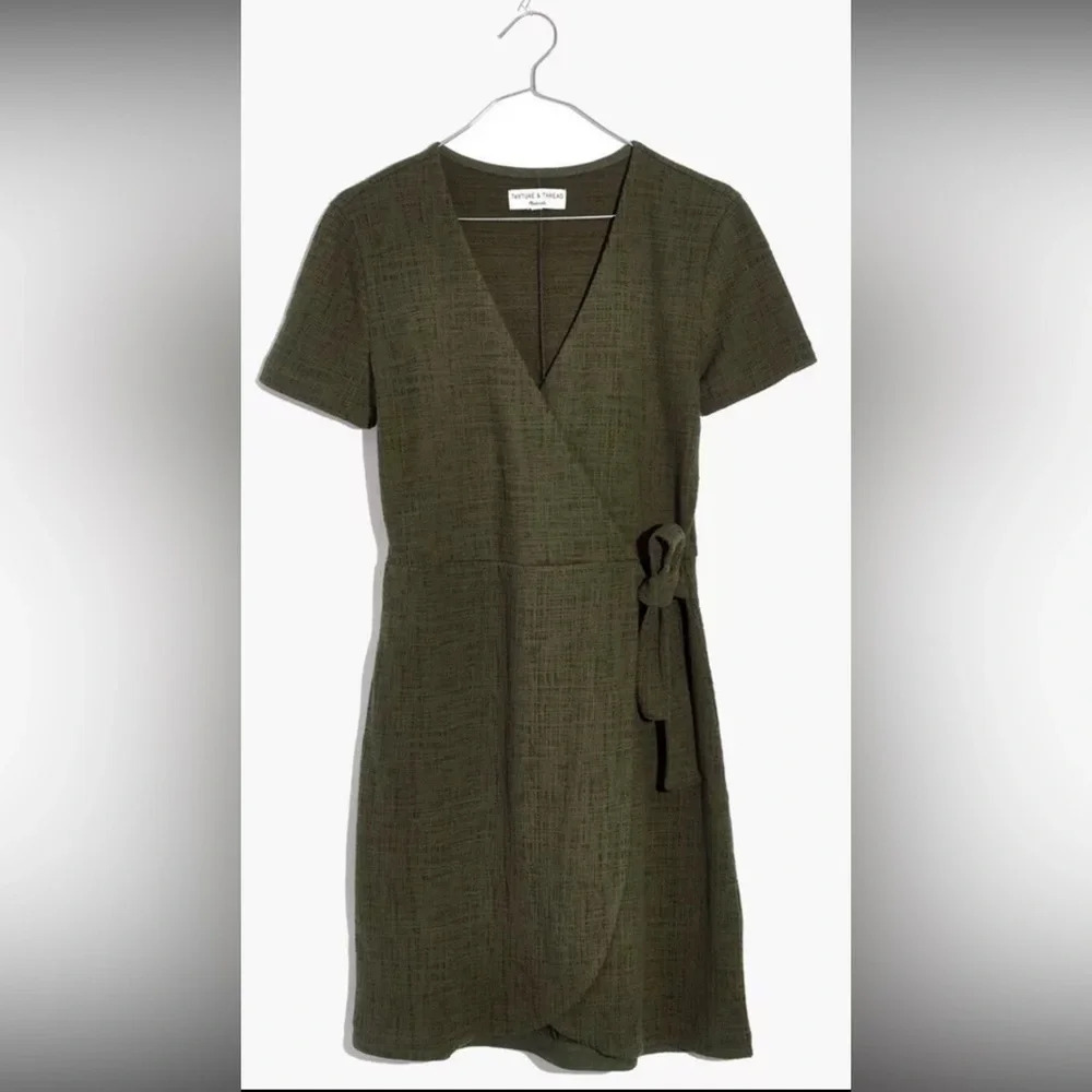 Madewell Texture & Thread Short Sleeve Side Tie Wrap Dress Deep Woodland Green